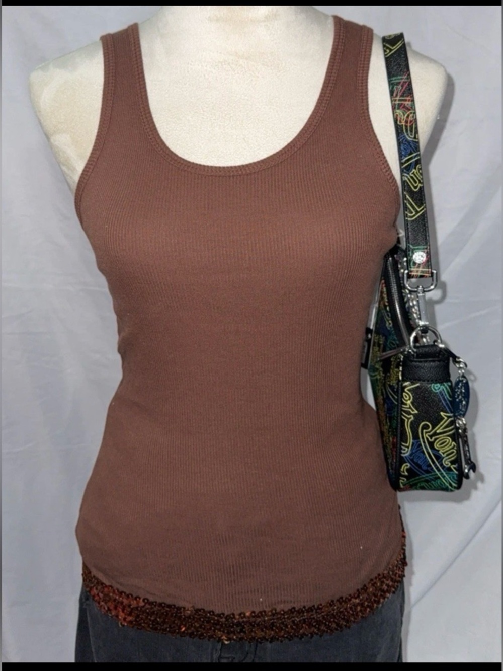 Vixen by Micheline Pitt Ribbed Brown Tank with Beaded Hem